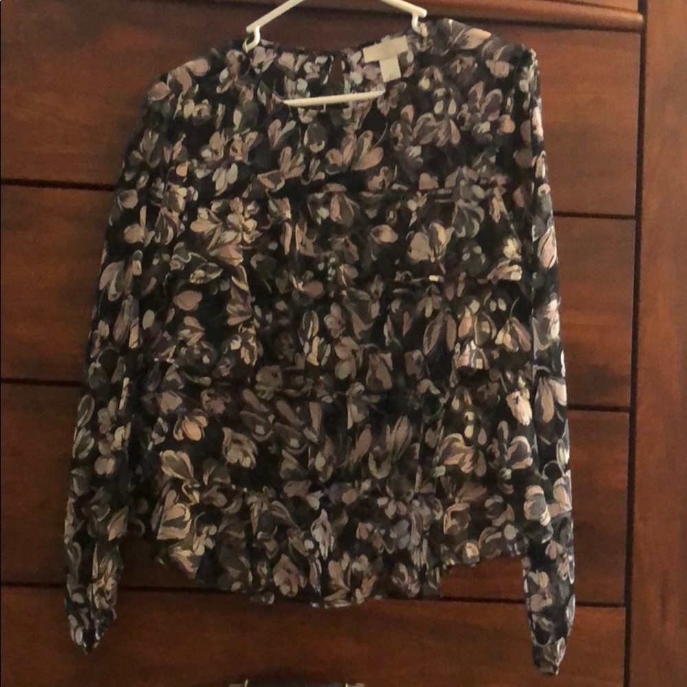 Gray and pink floral print ruffle front blouse